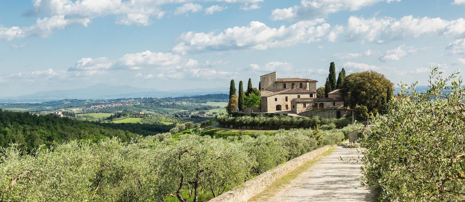 Castello La Leccia on its hilltop above the olive groves